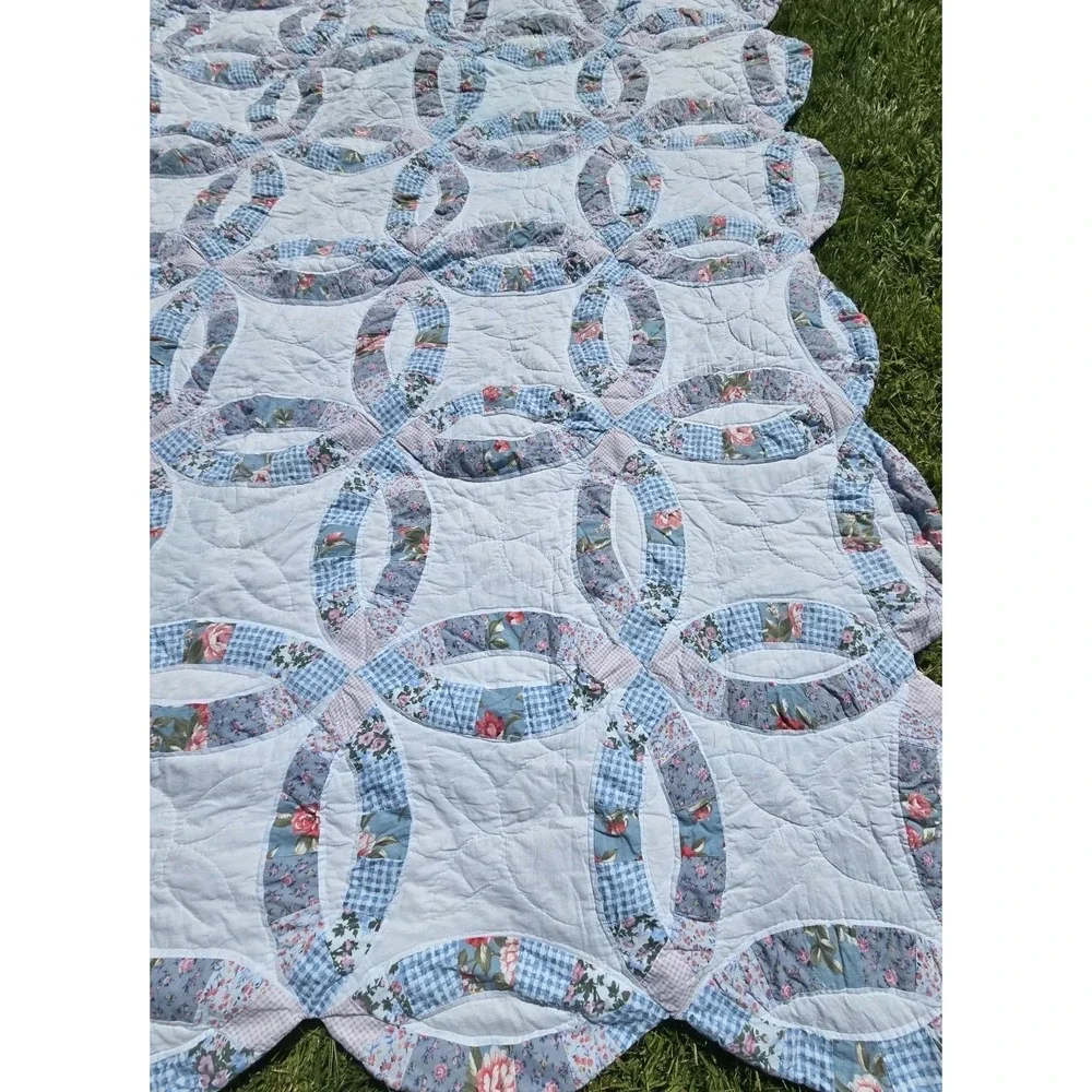 Handmade vintage double wedding ring quilt blue floral gingham Heirloom Cottage